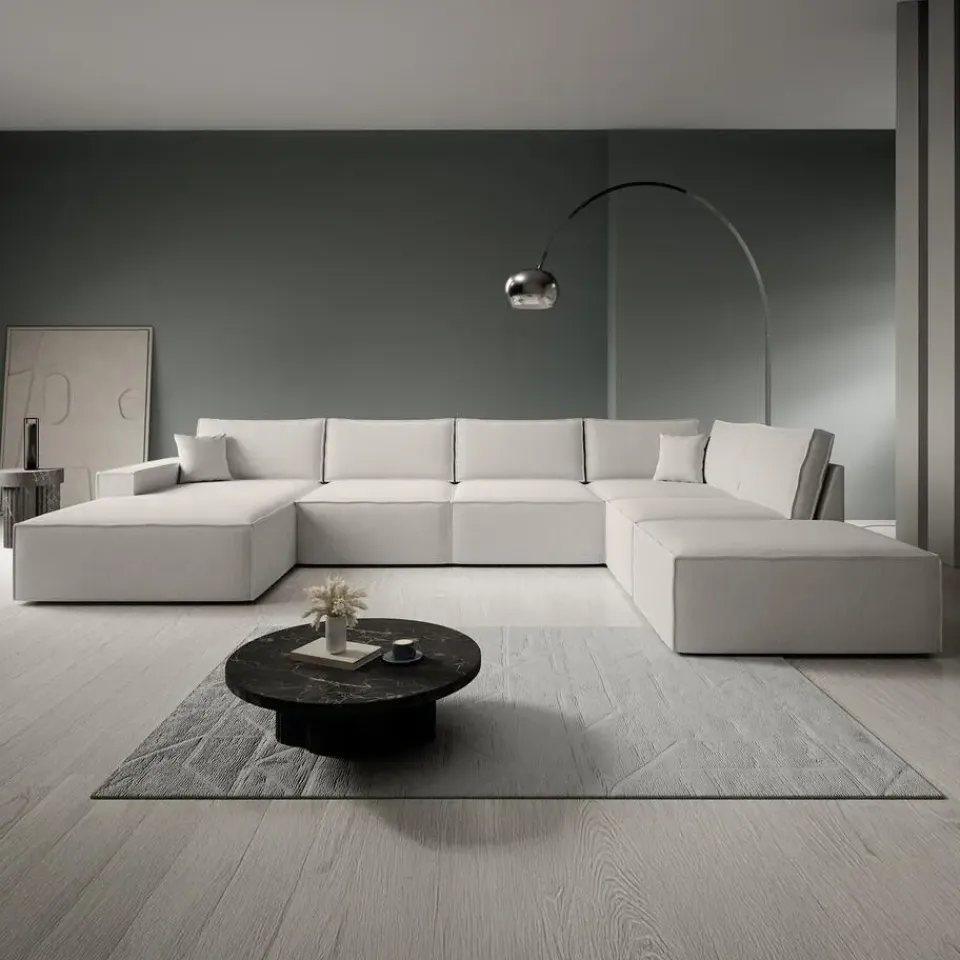 Meubella - Manolo - Hoekbank 5-zits met chaise longue - Stof beige - Links Clearance