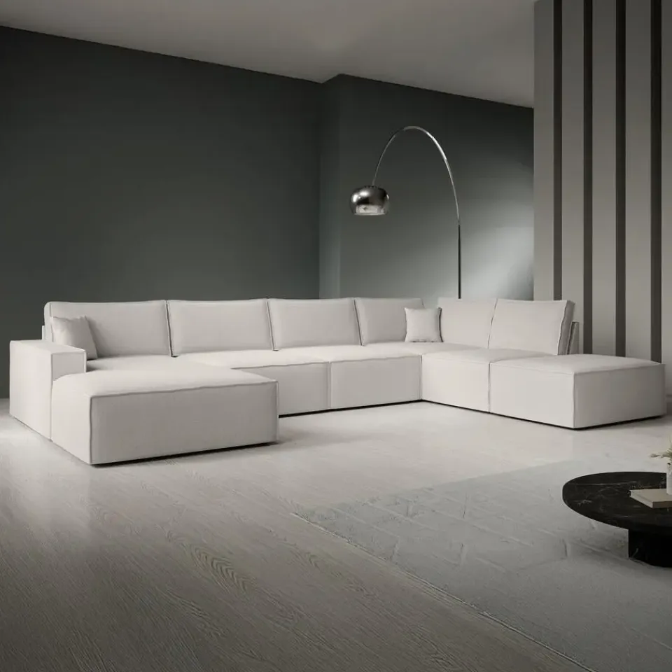 Meubella - Manolo - Hoekbank 5-zits met chaise longue - Stof beige - Links Clearance