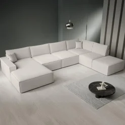 Meubella - Manolo - Hoekbank 5-zits met chaise longue - Stof beige - Links Clearance