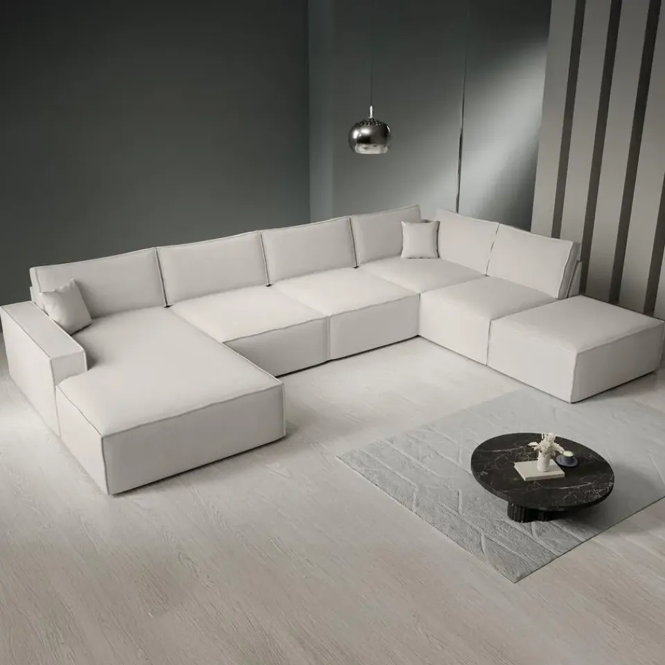 Meubella - Manolo - Hoekbank 5-zits met chaise longue - Stof beige - Links Clearance