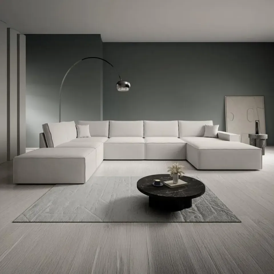 Meubella - Manolo - Hoekbank 5-zits met chaise longue - Stof beige - Rechts New