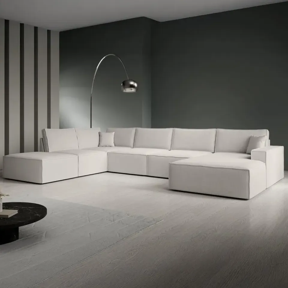 Meubella - Manolo - Hoekbank 5-zits met chaise longue - Stof beige - Rechts New