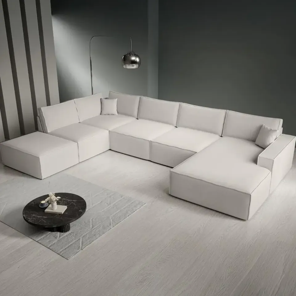 Meubella - Manolo - Hoekbank 5-zits met chaise longue - Stof beige - Rechts New