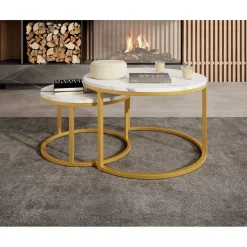 Meubella - Salontafel Rica - Wit marmerlook - Goud - Set van 2 Hot