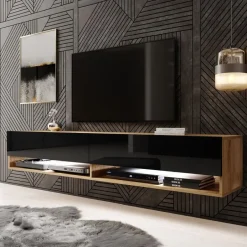 Meubella - TV-Meubel Asino LED - Zwart - Eiken - 180 cm Online