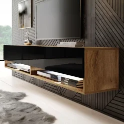 Meubella - TV-Meubel Asino LED - Zwart - Eiken - 180 cm Online