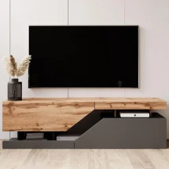 Meubella - TV-Meubel Canberra - Eiken - Antraciet - 160 cm New