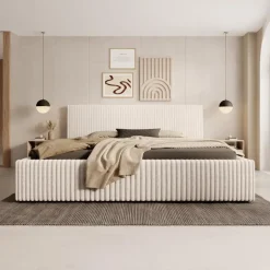 Meubella - Tweepersoonsbed Infinity - Beige - Fluffy ribstof - 180x200 cm Discount