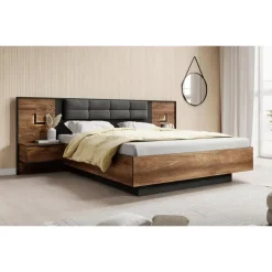 Meubella - Tweepersoonsbed Mulvey - Eiken - Antraciet - 160x200 cm Discount