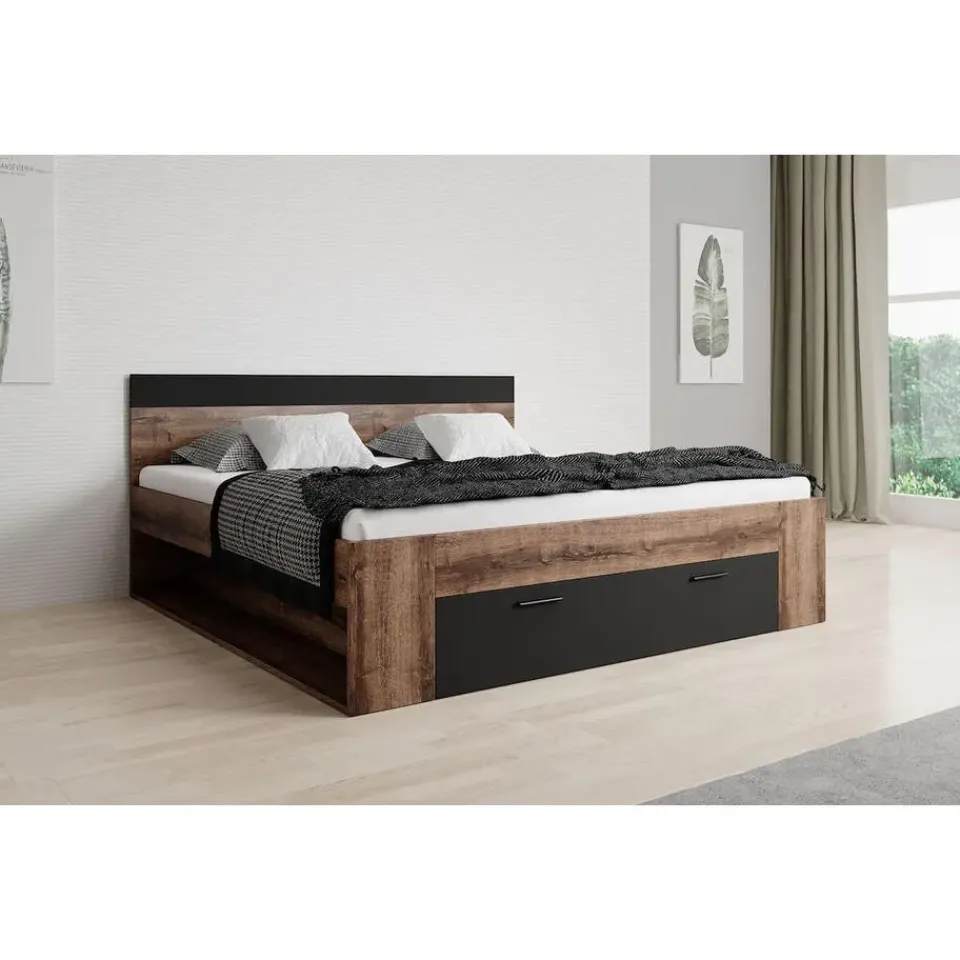 Meubella - Tweepersoonsbed Brown - Zwart - Eiken - 180x200 cm Outlet