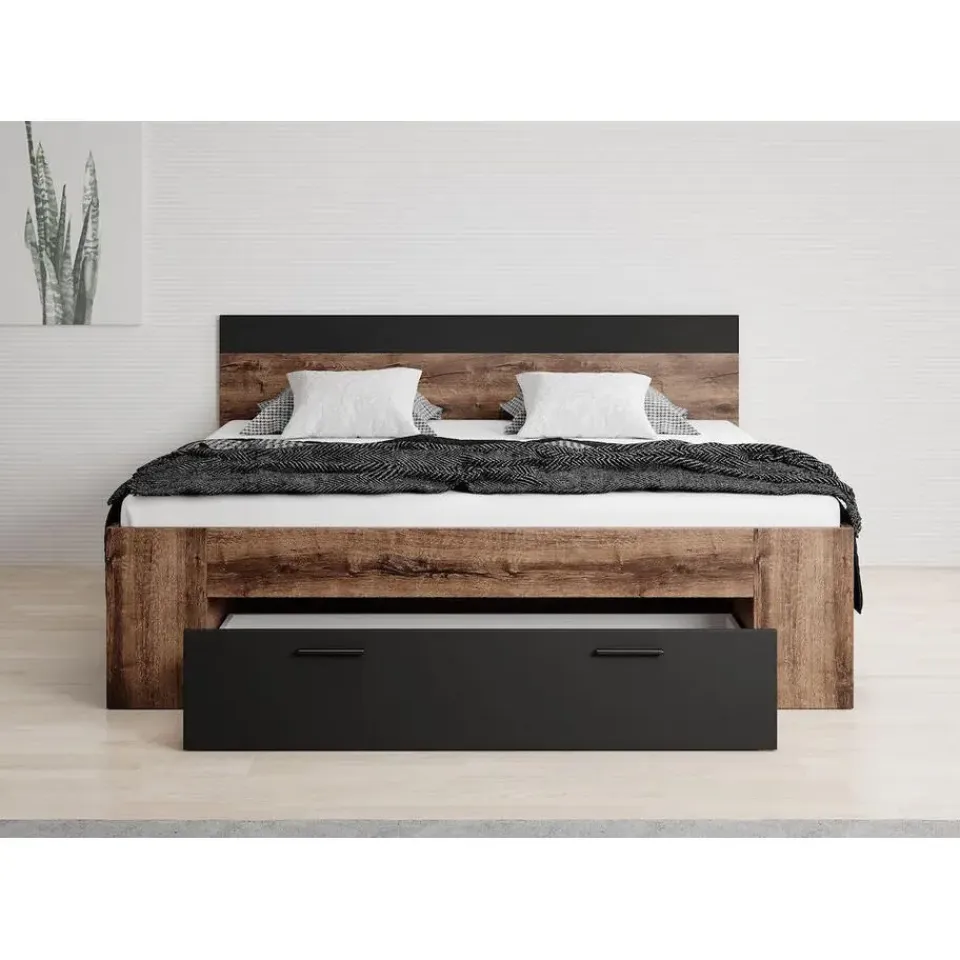 Meubella - Tweepersoonsbed Brown - Zwart - Eiken - 180x200 cm Outlet