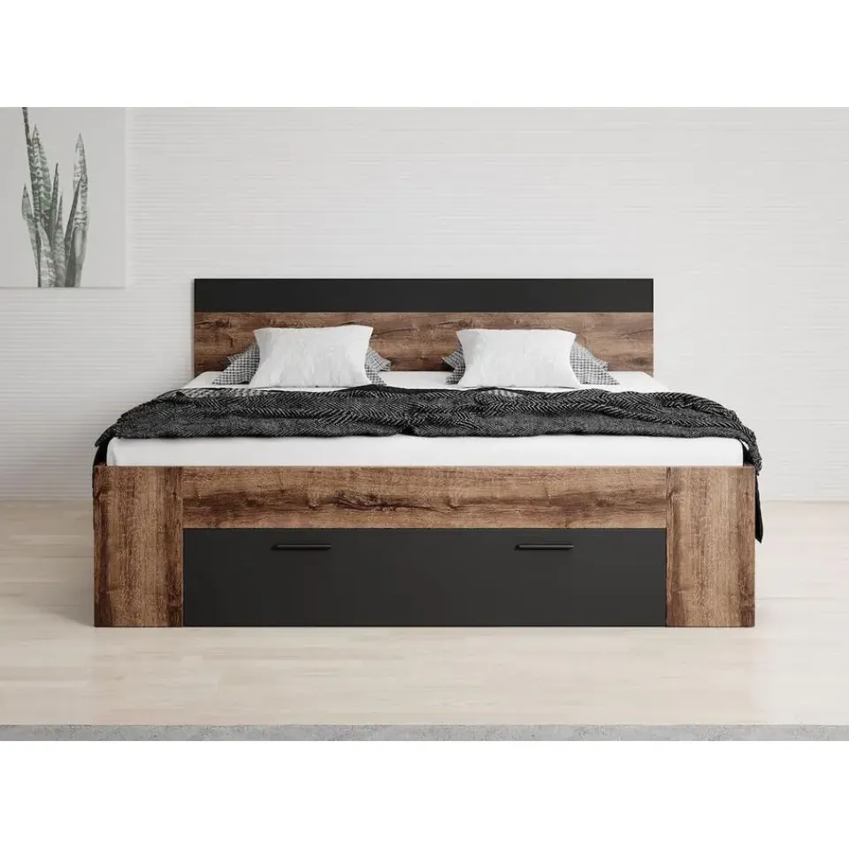 Meubella - Tweepersoonsbed Brown - Zwart - Eiken - 180x200 cm Outlet