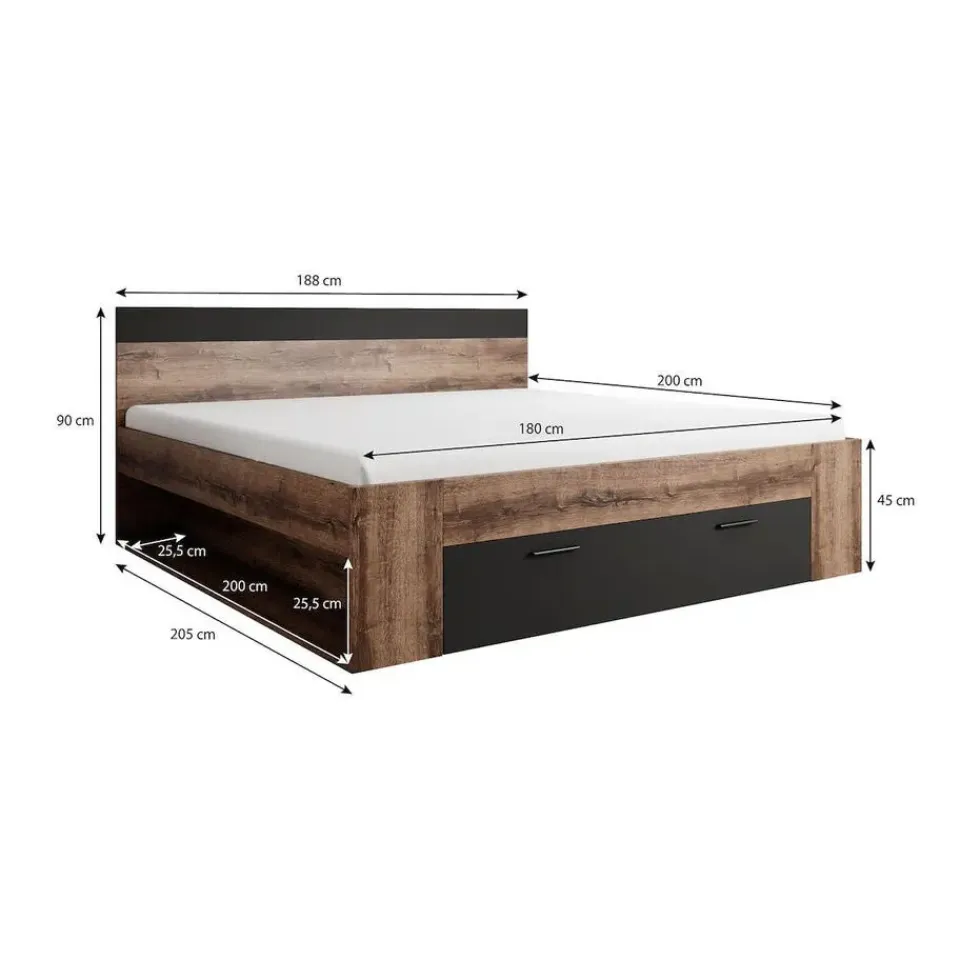 Meubella - Tweepersoonsbed Brown - Zwart - Eiken - 180x200 cm Outlet