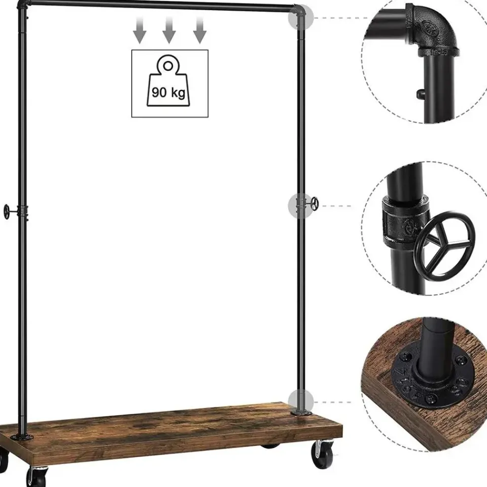 Merkloos Mobiel kledingrek - rustiek heavy-duty - 1 rail - industrieel design - bruin Outlet