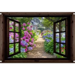 MuchoWow Tuinposter 90x60cm Hortensia Doorkijk Bloemen Paars Clearance