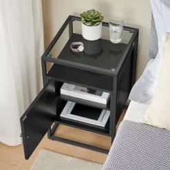 Merkloos Nachtkastje - Nachtkastjes industrieel - Hout en gehard glas - Zwart Best