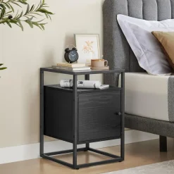 Merkloos Nachtkastje - Nachtkastjes industrieel - Hout en gehard glas - Zwart Best