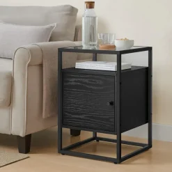 Merkloos Nachtkastje - Nachtkastjes industrieel - Hout en gehard glas - Zwart Best