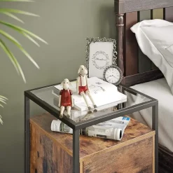 Merkloos Nachtkastje - uit hout en gehard glas - met kast - industriële stijl - Bruin Hot