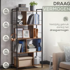 O'DADDY Industrieel Boekenkast - 74x30x150cm - Vintage Bruin/Zwart Metaal