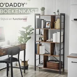 O'DADDY Industrieel Boekenkast - 74x30x150cm - Vintage Bruin/Zwart Metaal
