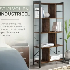 O'DADDY Industrieel Boekenkast - 74x30x150cm - Vintage Bruin/Zwart Metaal