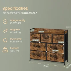 O'DADDY Industrieel Ladekast - 7 Laden - Vintage Bruin/Zwart - 28,5x98x85 cm Outlet