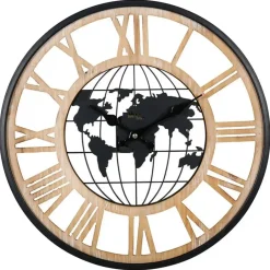 Merkloos Ostaria Wandklok/muur klok - Wereldbol - D40 cm - MDF - naturel New