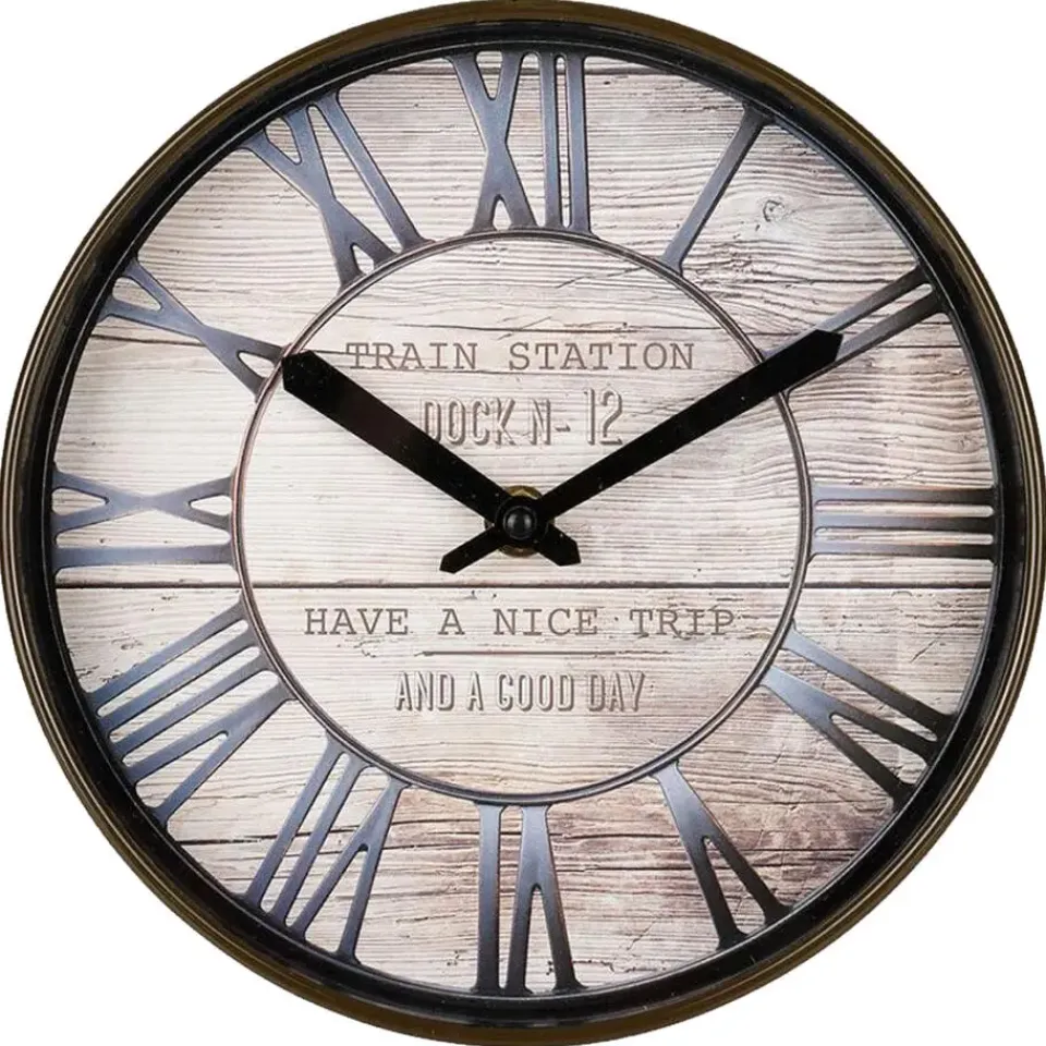 Merkloos Ostaria Wandklok/muur klok - Stationsklok - D20 cm - houtlook Discount