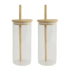 OTIX Drinkglazen met Bamboo Deksel met Rietje 2 Stuks 400 ml Waterglazen