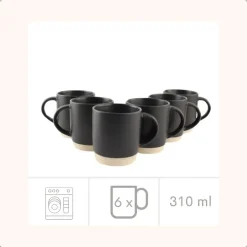 OTIX Koffiekopjes Theemokken Koffietassen Set van 6 Zwart 310 ml Aardewerk Sale