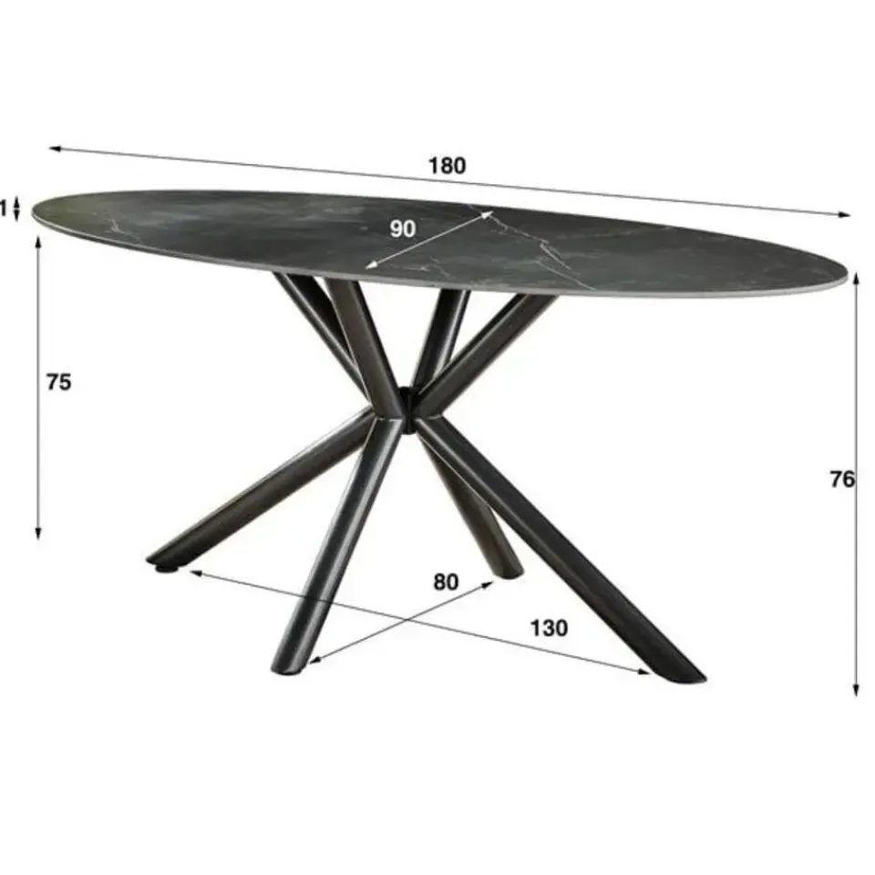 Dimehouse Ovale eettafel zwart Sophie industrieel 180x90 cm - Keramiek - Zwart Online
