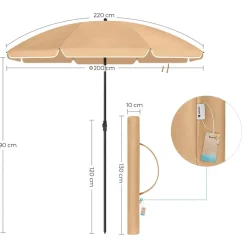 ACAZA Parasol 180 cm diameter, rond / achthoekige strandparasol kantelbaar - taupe New