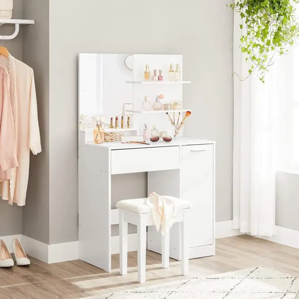 Parya Home kaptafel met spiegel - 1 lade - 2 legplanken - wit Clearance