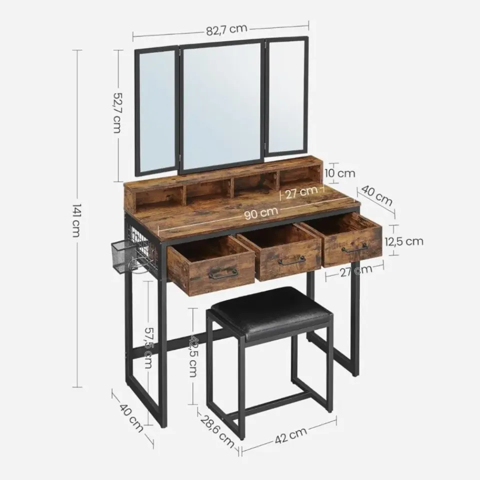 Parya Home Vintage Kaptafel met 3-delige met klapspiegel Outlet