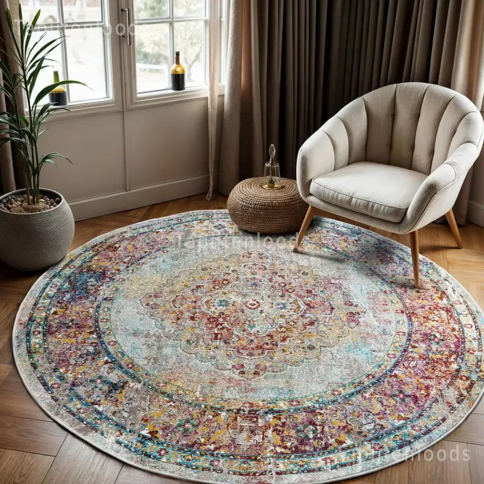 Muratap Picasso Keshan Vintage Rond Vloerkleed Multi / Beige Laagpolig - 160 CM ROND