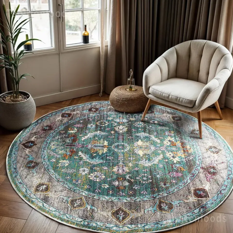 Muratap Picasso Pablo Vintage Rond Vloerkleed Groen / Multi Laagpolig - 200 CM ROND Hot