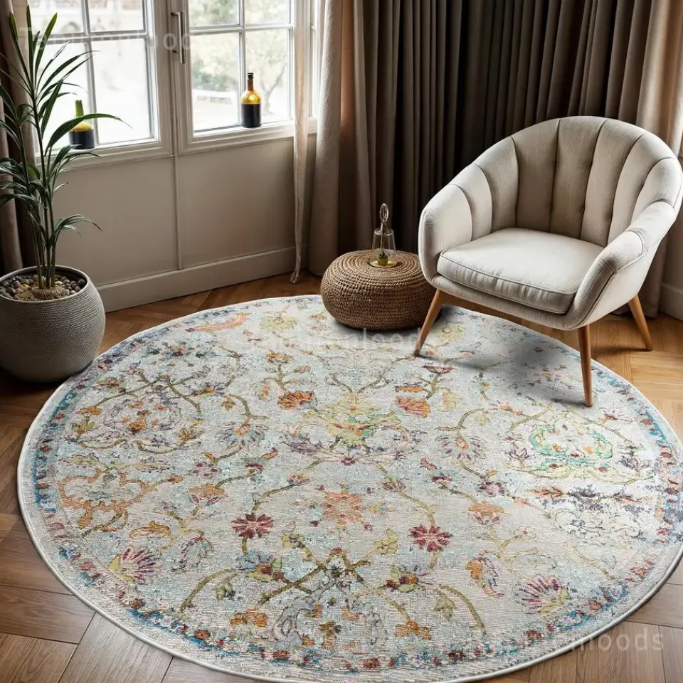 Muratap Picasso Sarough Vintage Rond Vloerkleed Creme / Beige Laagpolig - 133 CM ROND Outlet