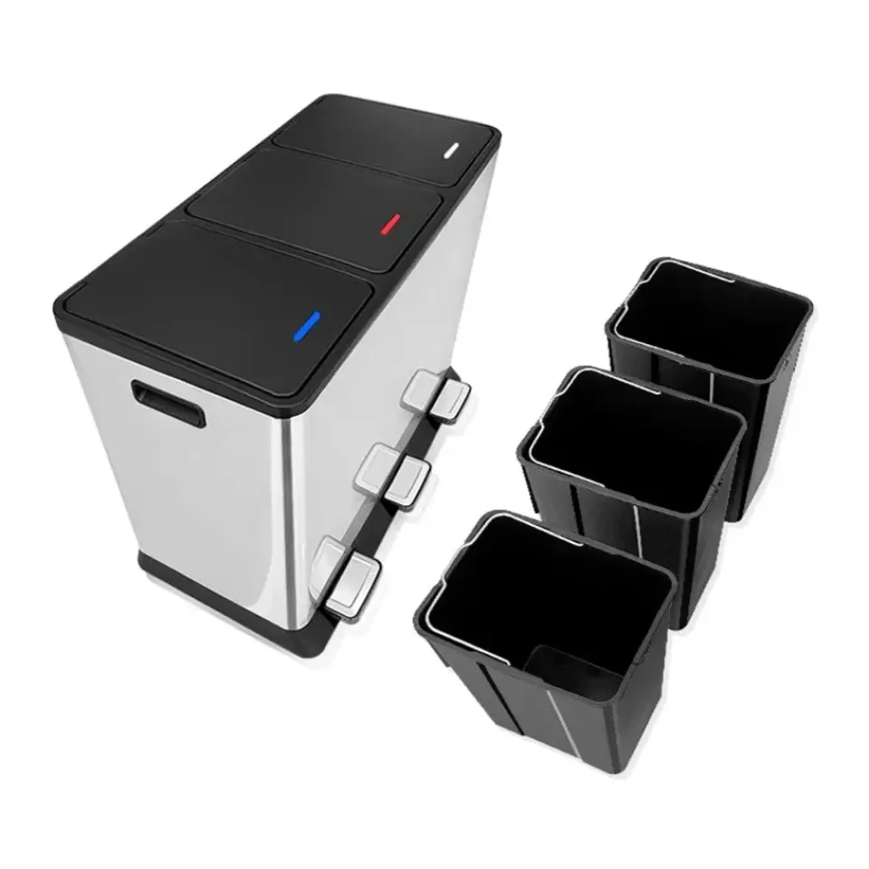 IVOL Prullenbak met 3 vakken – RVS – 45L New