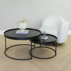 QUVIO Salontafel Sara - Set van 2 - FSC® mangohout - Metaal - Zwart Discount