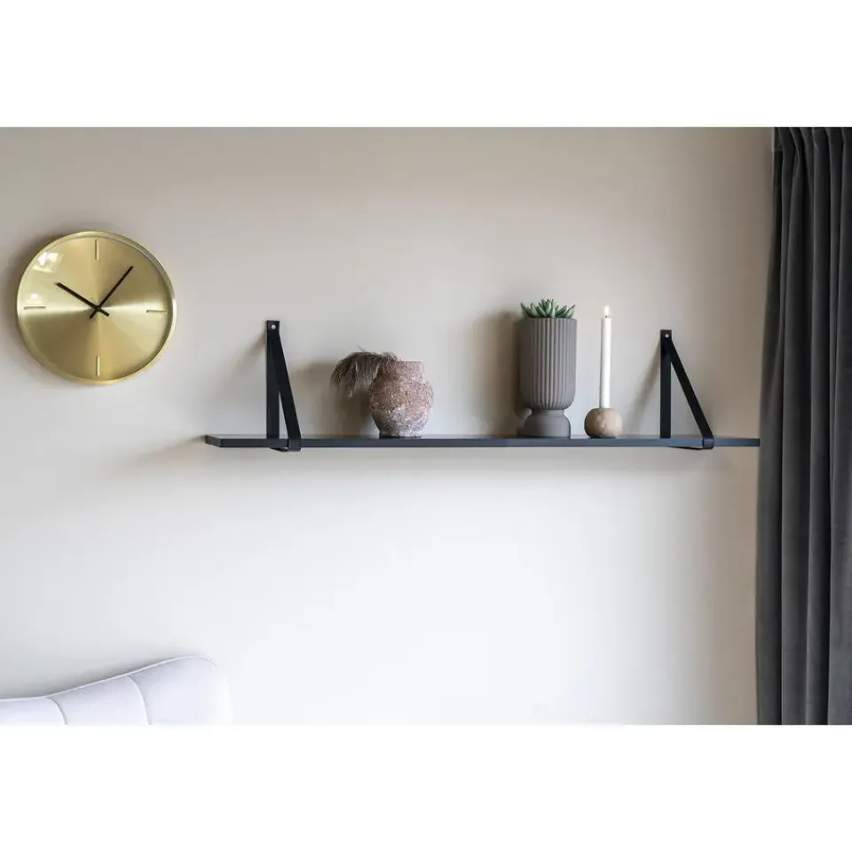 QUVIO Wandplank zwevend met lederen banden – 120x20 cm – Hout – Zwart Best