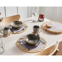 Leen Bakker ROSELLA - Set 12 placemats en onderzetters - Grijs/Natuurlijk - Jute Discount