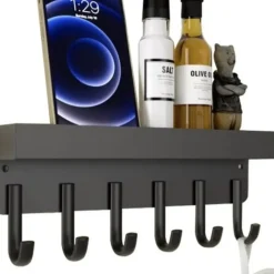 Merkloos Ruhhy Kapstok - zwart - 8 x 24 cm - ijzer - 6 haken - met plank Clearance