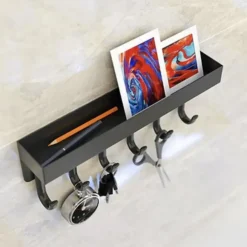 Merkloos Ruhhy Kapstok - zwart - 8 x 24 cm - ijzer - 6 haken - met plank Clearance