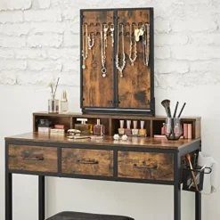 Vasagle Rustieke zwart/bruine kaptafelset met spiegel en krukje Online