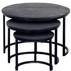 Giga Meubel Salontafel Rond - Mangohout Zwart - Set Van 3 - Tres