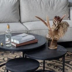 Giga Meubel Salontafel Rond - Mangohout Zwart - Set Van 3 - Tres