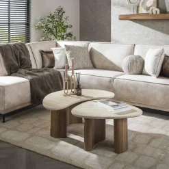 Giga Living Salontafel Set van 2 - Organisch Travertin - Beige/Hout - Organic Discount