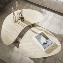 Giga Living Salontafel Set van 2 - Organisch Travertin - Beige/Hout - Organic Discount