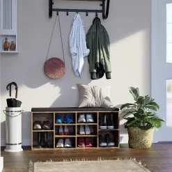 ACAZA Schoenenbank - met kussen - 10 vakken - 104x48x30 cm - vintage bruin New